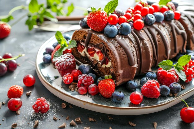 Decadent chocolate berry cake on plate