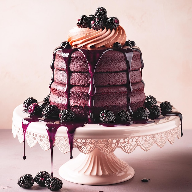 A decadent chocolate blackberry cake sits atop a deli