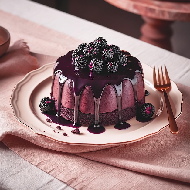 A decadent chocolate blackberry cake sits atop a deli