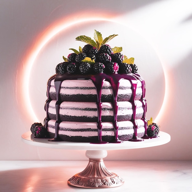 A decadent chocolate blackberry cake sits atop a deli