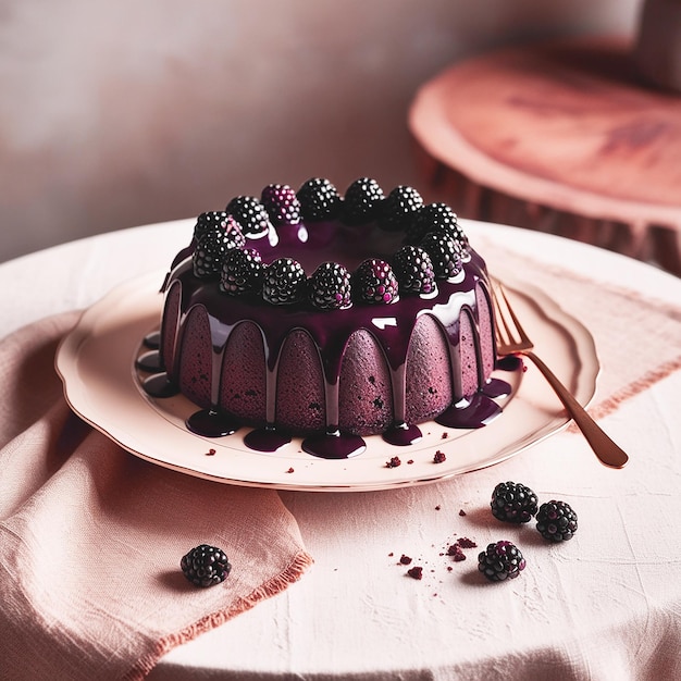 A decadent chocolate blackberry cake sits atop a deli