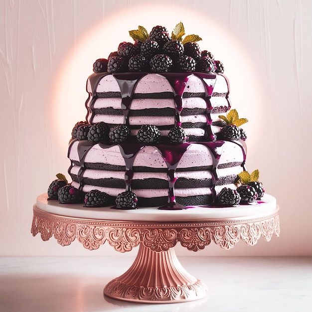 A decadent chocolate blackberry cake sits atop a deli