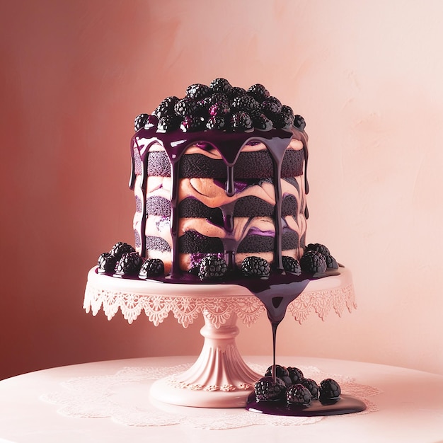 A decadent chocolate blackberry cake sits atop a deli