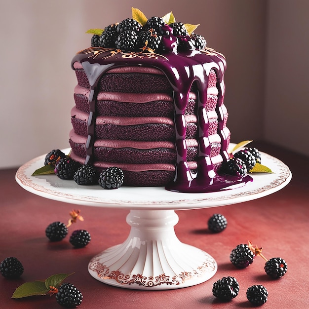 A decadent chocolate blackberry cake sits atop a deli