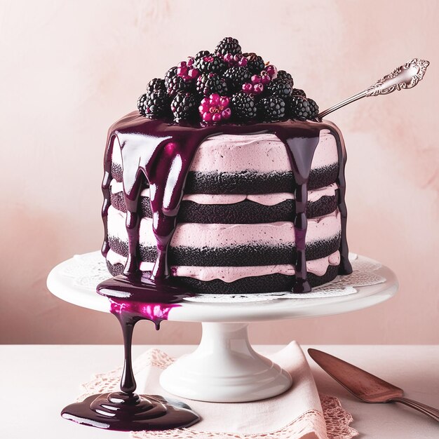 A decadent chocolate blackberry cake sits atop a deli