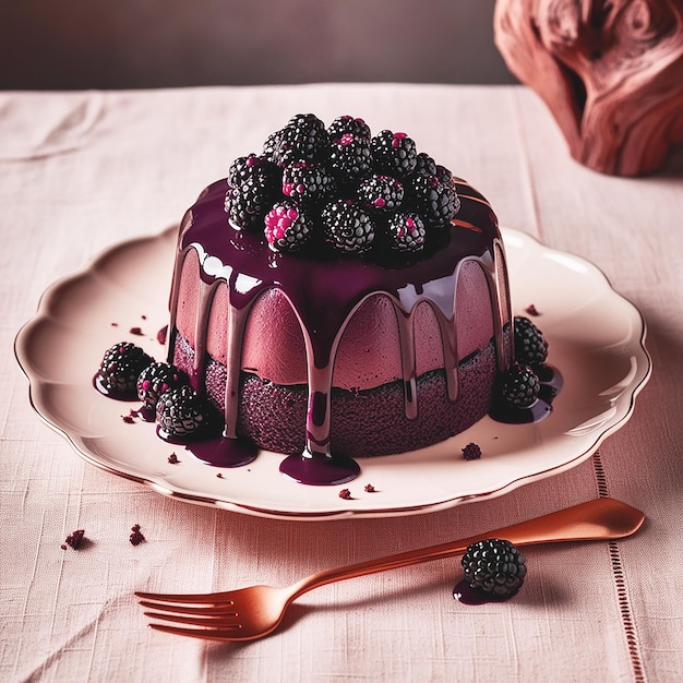 A decadent chocolate blackberry cake sits atop a deli