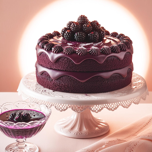 A decadent chocolate blackberry cake sits atop a deli