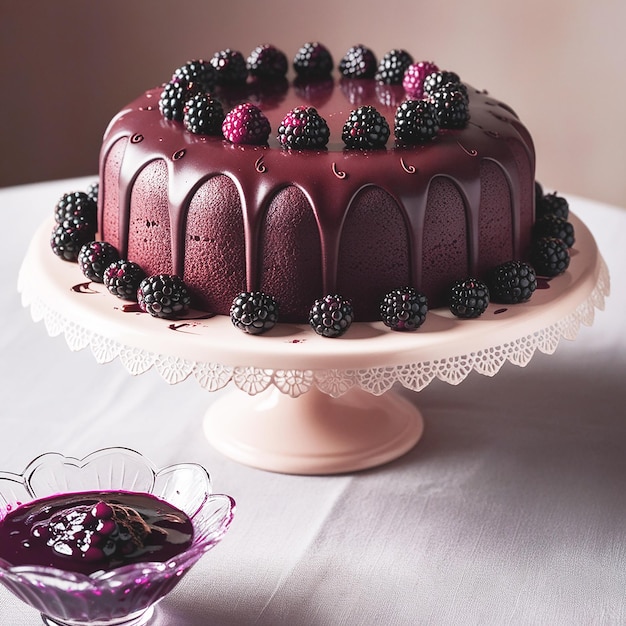 A decadent chocolate blackberry cake sits atop a deli