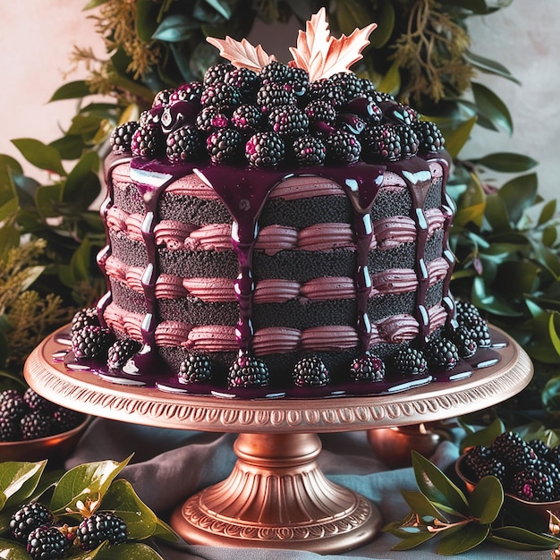 A decadent chocolate blackberry cake sits atop a deli