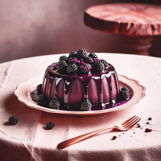 A decadent chocolate blackberry cake sits atop a deli