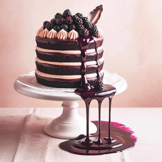 A decadent chocolate blackberry cake sits atop a deli