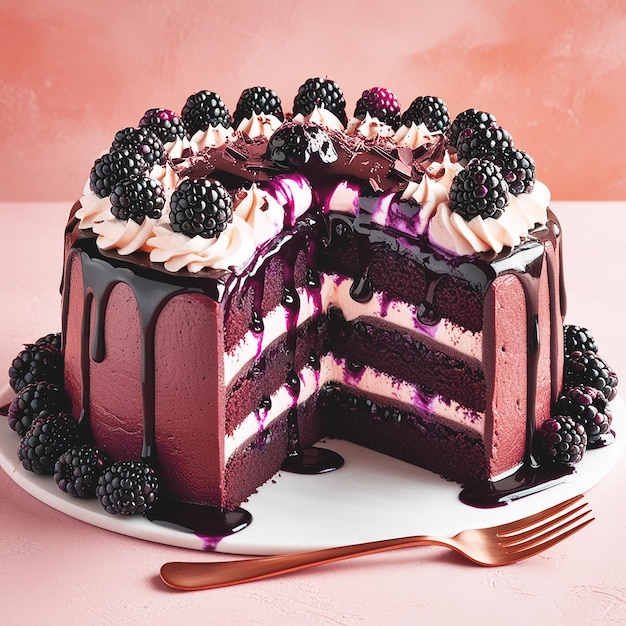 A decadent chocolate blackberry cake sits atop a deli