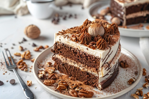 Decadent Chocolate Cake Slice with Rich Layers Frosting and Shavings for Gourmet Dessert Lovers