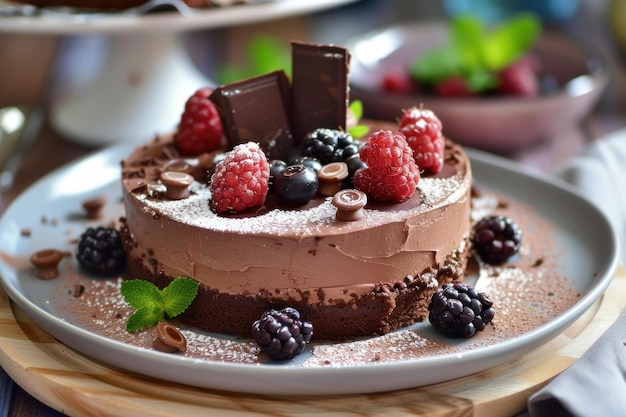 Decadent chocolate cake with berries garnish