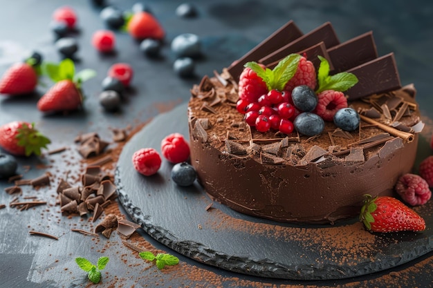 Decadent chocolate cake with fresh berries