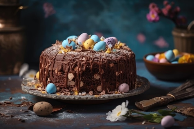 Decadent chocolate cake with rich chocolate frosting and a sprinkle of eggs on top Generative AI