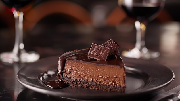 Photo decadent chocolate cheesecake with a chocolate ganache topping served with a glass of dessert wine