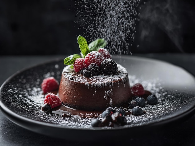 Photo a decadent chocolate dessert garnished with berries and mint dusted with powdered sugar