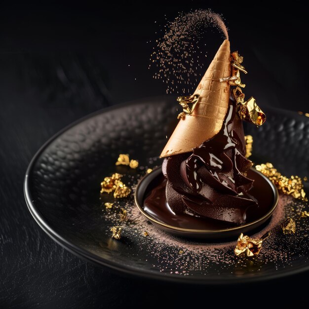 Photo a decadent chocolate dessert with gold leaf garnish on a black plate