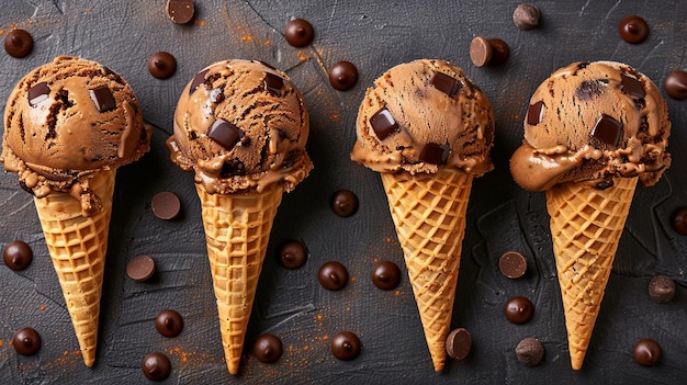 Decadent chocolate ice cream cones on dark textured background