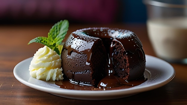 Photo a decadent chocolate lava cake on a colorful dessert plate