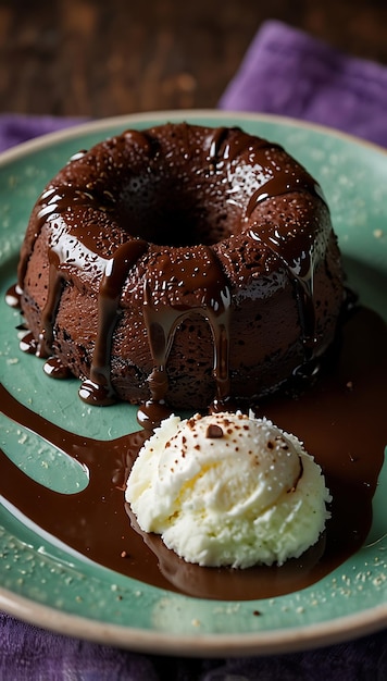 Photo a decadent chocolate lava cake on a colorful dessert plate