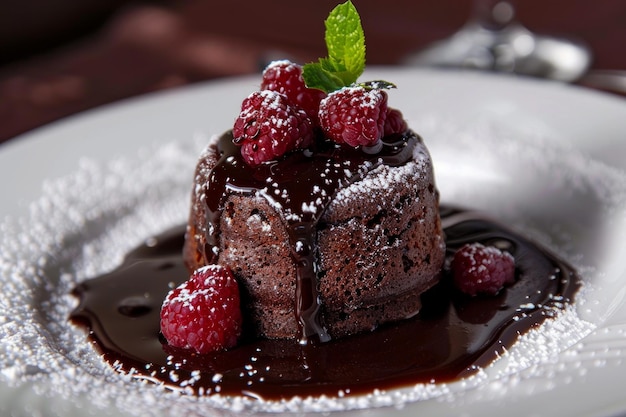 Decadent chocolate lava cake with fresh raspberries