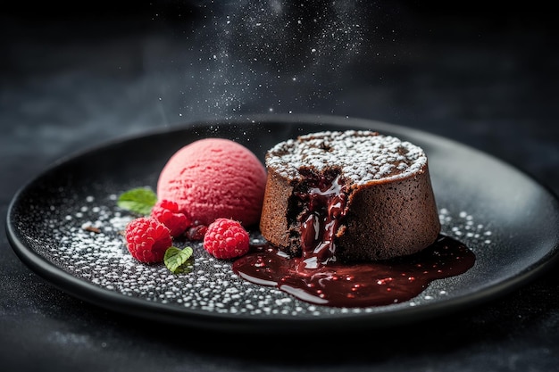 Photo a decadent chocolate lava cake with raspberry sorbet and fresh raspberries on a black plate