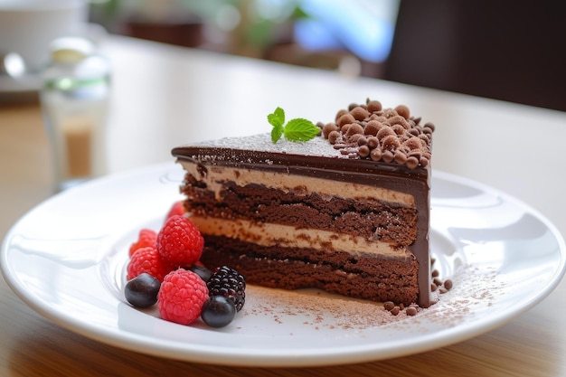 Decadent chocolate layer cake on plate