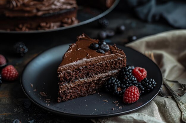 Decadent chocolate layer cake with fresh berries