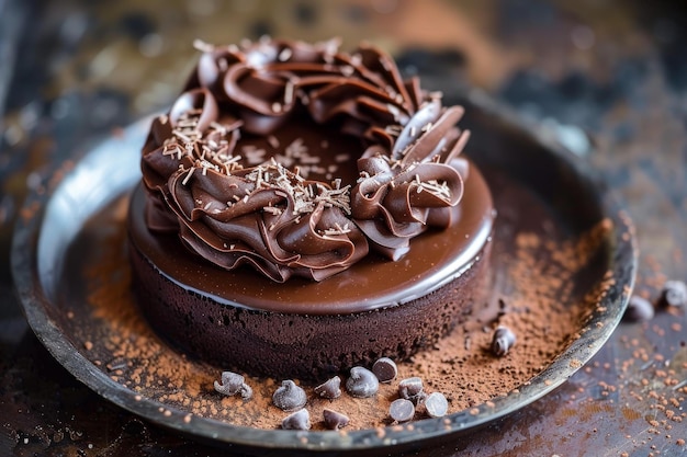 Decadent chocolate mousse cake on rustic plate