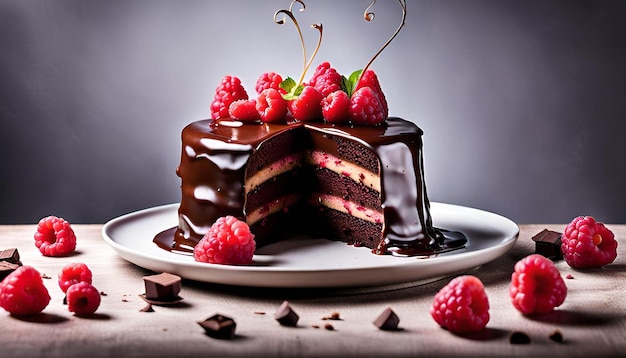 Decadent Chocolate Raspberry Ganache Cake with Fresh Raspberries