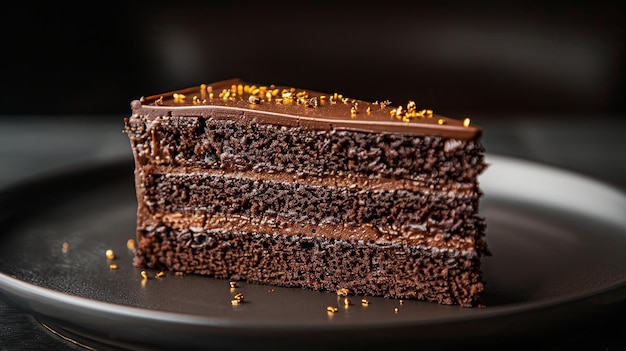 Photo decadent dark chocolate cake with rich ganache and gold leaf on elegant black plate