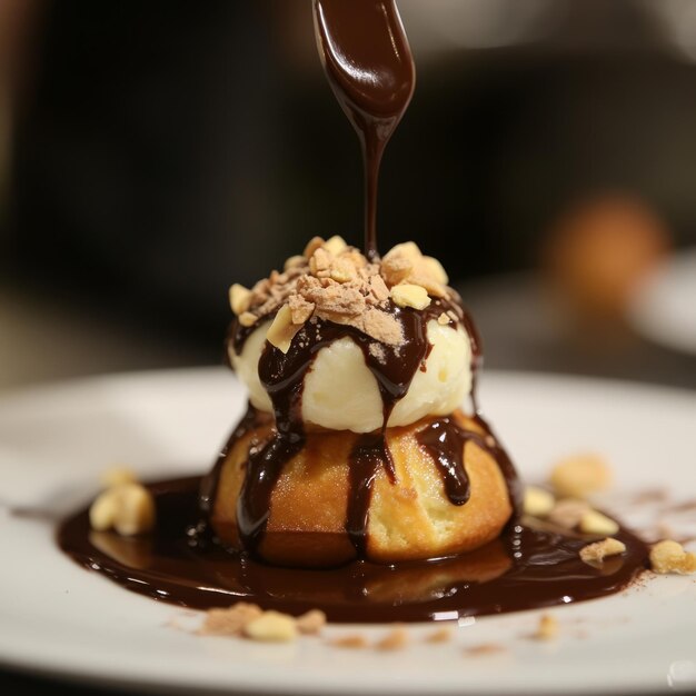 Photo a decadent dessert with two layers of pastry vanilla ice cream chocolate sauce and chopped nuts