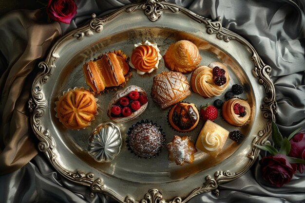 Photo decadent display of gourmet pastries