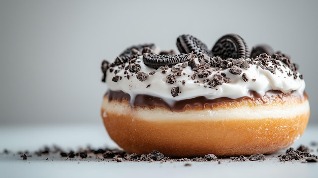 Photo decadent donut topped with whipped cream and crushed cookies on a minimalist countertop