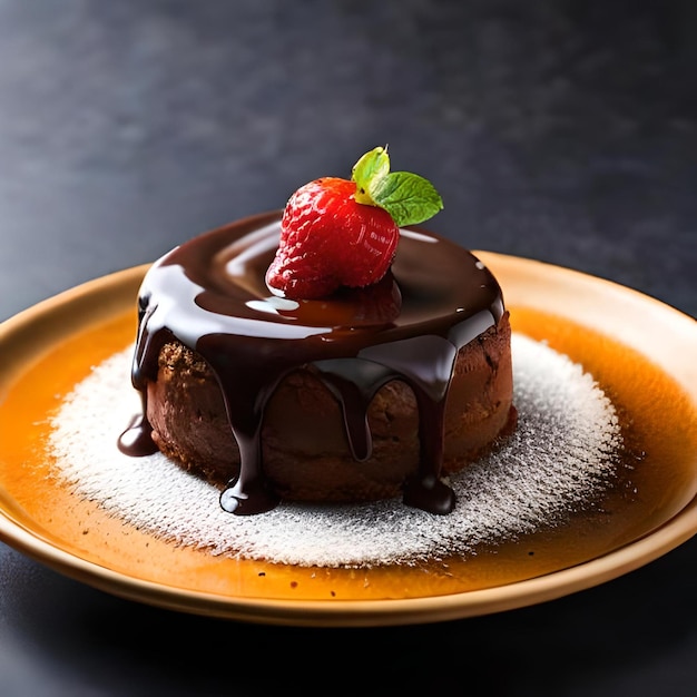 A decadent molten chocolate lava cake oozing with warm gooey chocolate captured in a closeup shot