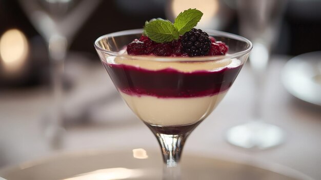 Photo a decadent panna cotta with a berry coulis and fresh mint elegantly presented in a glass offering a smooth and irresistible dessert experience