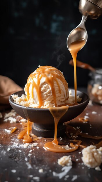 Photo decadent salted caramel ice cream scoop with a drizzle of rich caramel sauce a luxurious indulgence