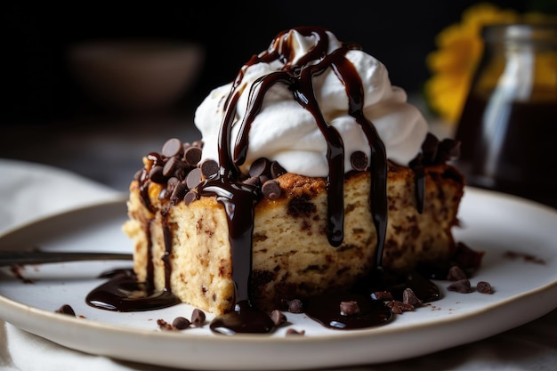 Decadent slice of banana cake topped with whipped cream and drizzle of chocolate sauce