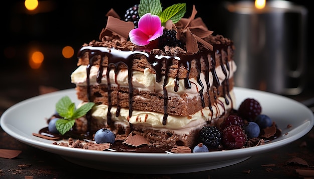 A decadent slice of chocolate cake with fresh berry garnish generated by artificial intelligence