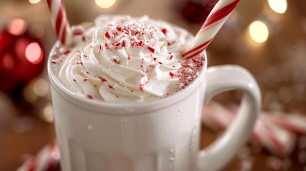 A decadent white hot chocolate infused with peppermint and topped with a generous dollop of whipped