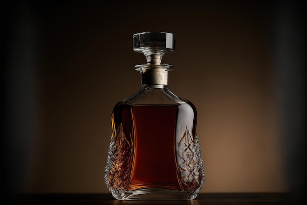 Decanter or carafe with whiskey on dark wooden background