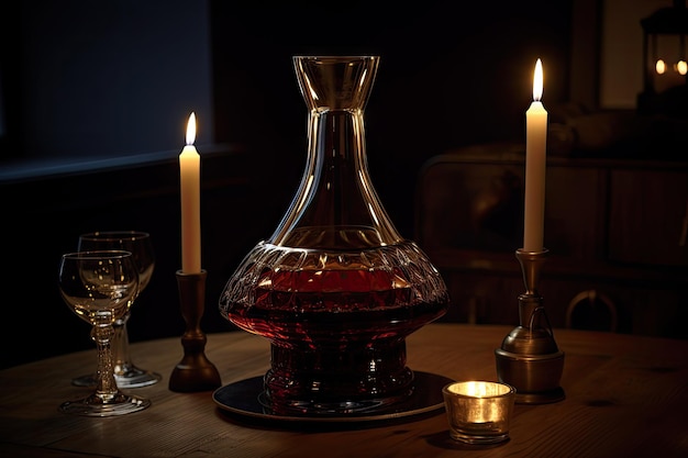 Decanter filled with red wine accentuated by candlelight