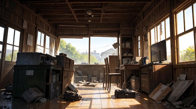 Decayed Interior of Abandoned Building with Broken Windows During War