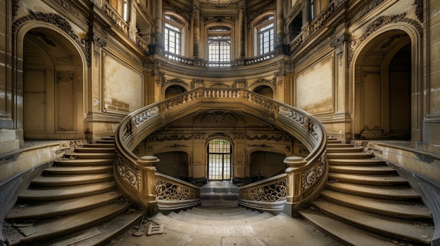 The decaying grandeur of a grand staircase in a dilapidated mans