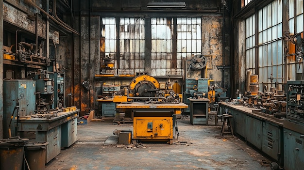 Decaying Industrial Legacy Abandoned heavy engineering workshop with rusting machines concept