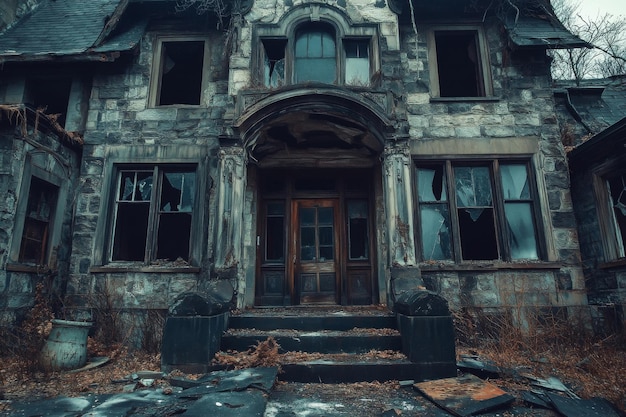 A Decaying Stone Mansion with Broken Windows and a Wooden Door