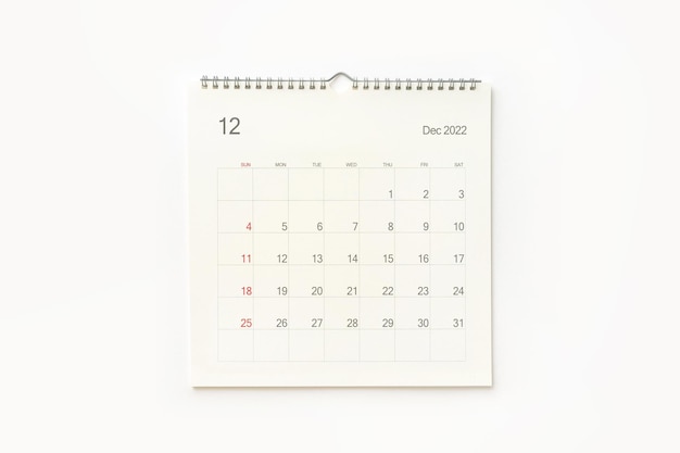 December 2022 calendar page on white Calendar background for reminder business planning appointment meeting and event