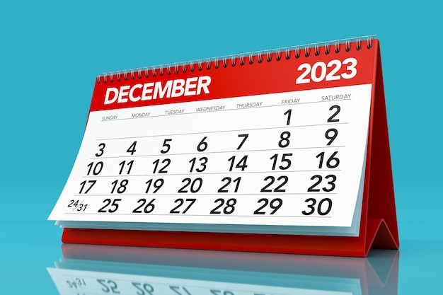 December 2023 Calendar Isolated on Blue Background 3D Illustration